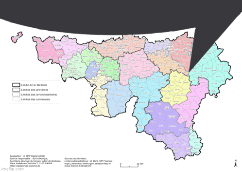 a map of belgium showing the limits of the provinces and the limits of the communes