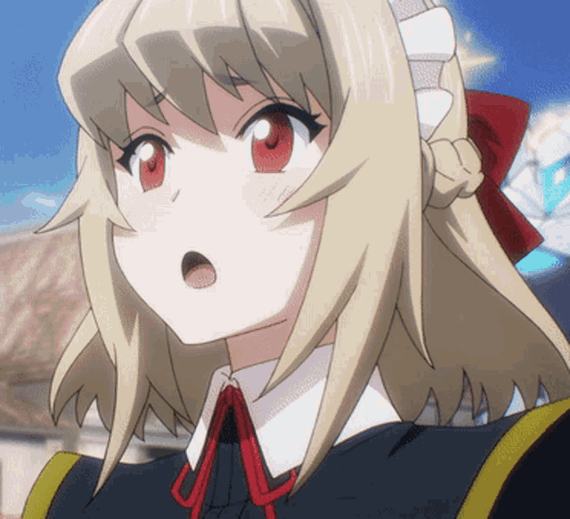 a close up of a blonde anime girl with a red bow in her hair