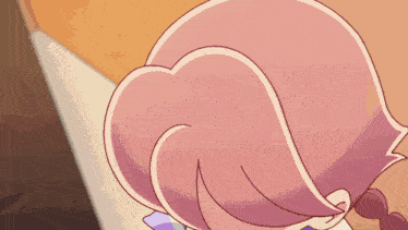 a cartoon character with pink hair and brown eyes