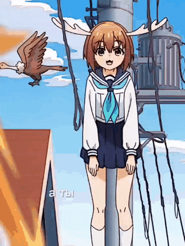 a girl with antlers is standing next to a power pole