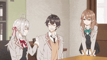a group of anime characters are standing around a table and one of them is smiling