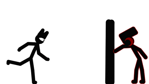two stick figures are standing next to each other and one has a rabbit on his head