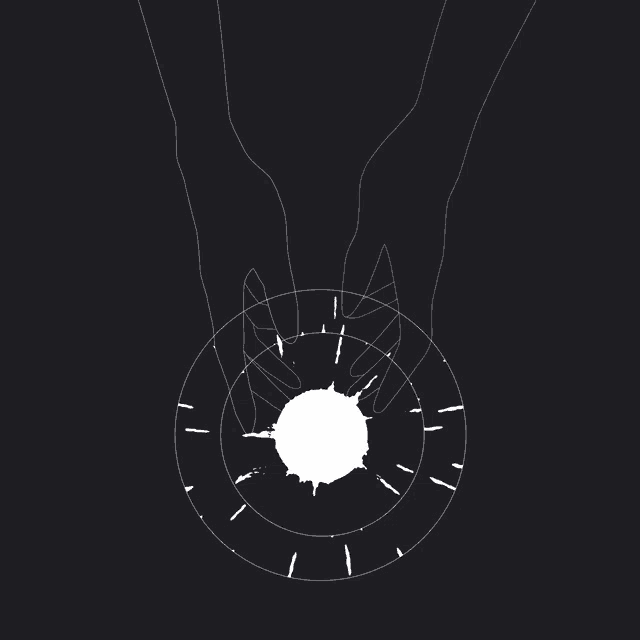 a black and white drawing of two hands holding a circle with a white circle in the middle