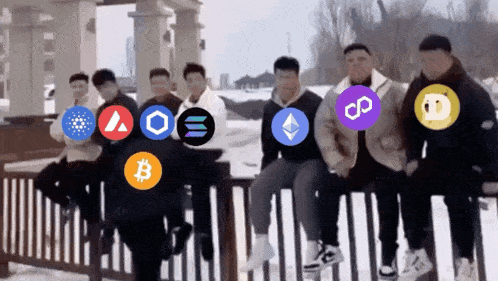 a group of people sitting on a railing with various crypto logos on their heads