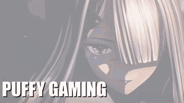 a picture of a girl with long white hair and the words puffy gaming below it