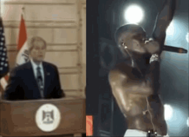 a man giving a speech next to a picture of a man singing into a microphone