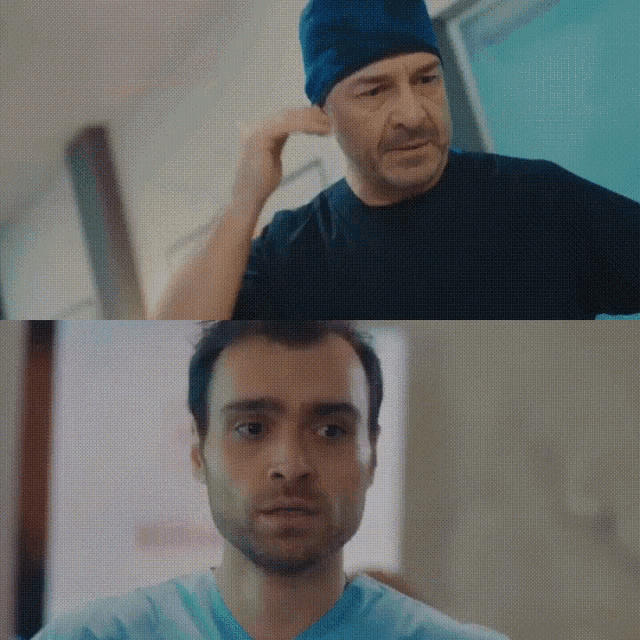 a man wearing a blue hat and a black shirt is standing next to another man wearing a blue scrub top