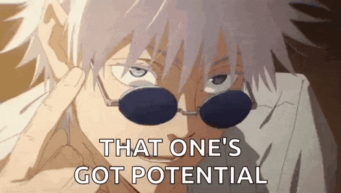 a close up of a person wearing sunglasses and saying `` that one 's got potential ''