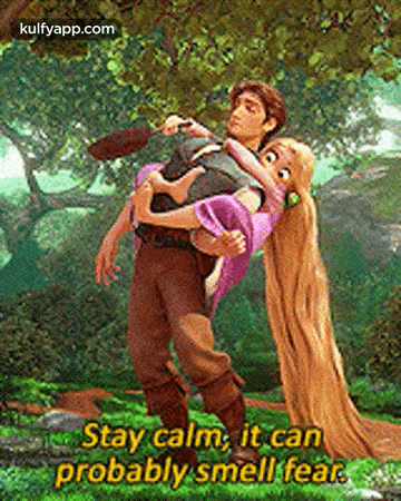 a man is carrying a woman on his shoulders with a caption that says stay calm it can probably smell fear