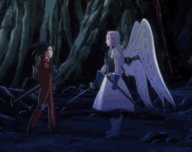 a man and a woman are fighting each other with swords in a dark room .