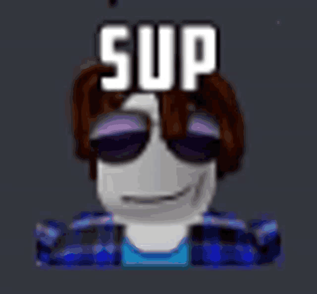 a roblox character wearing sunglasses and a plaid shirt with the word sup on his face .