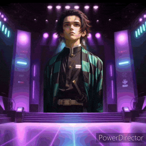 a painting of a man with a sword on a stage with the words power director below