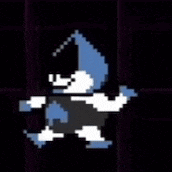 a pixel art of a person with a skull on their head holding a sword .