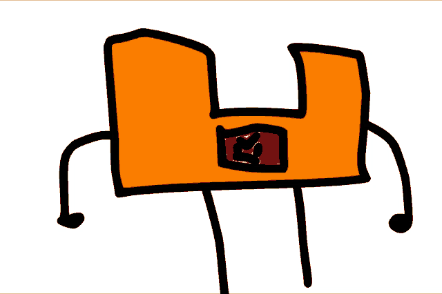 a cartoon drawing of an orange object with black arms and legs .