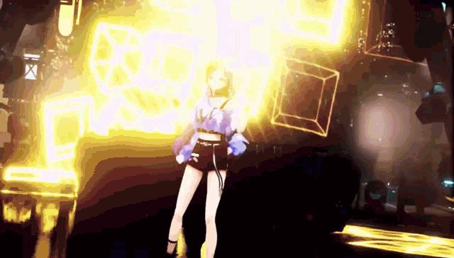 a woman in a blue top and black shorts is standing in front of a glowing background