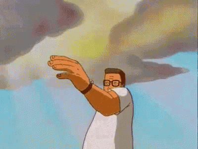 a cartoon man with glasses is waving his hand .