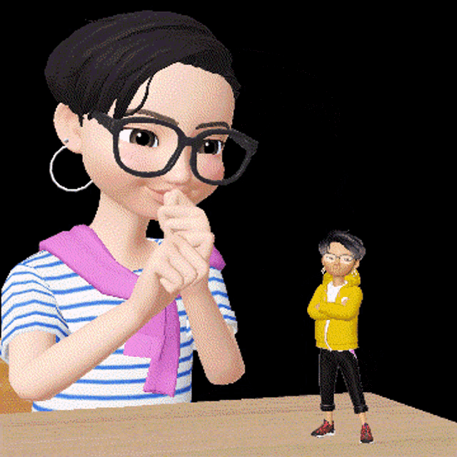 a cartoon girl with glasses and a pink scarf is sitting at a table