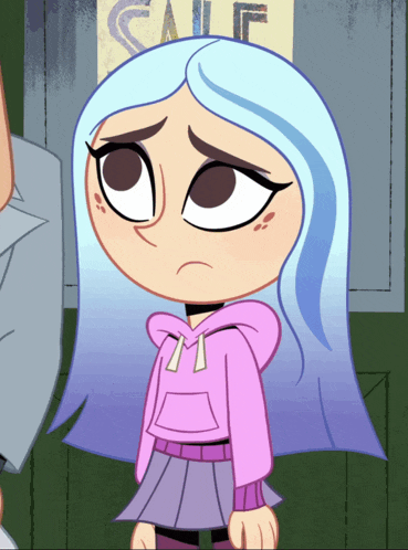 a cartoon girl with blue hair is standing in front of a sale sign
