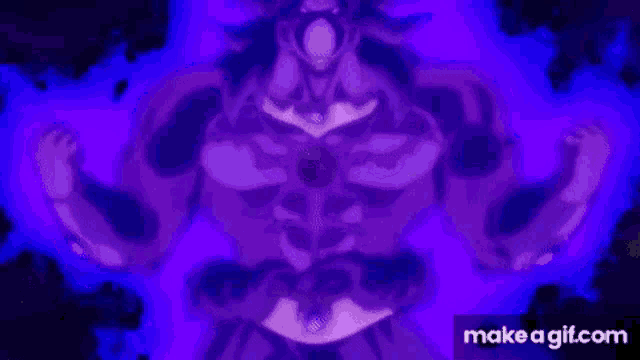a purple dragon ball z character is standing in a dark room with his arms outstretched .