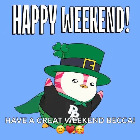 a cartoon penguin wearing a green hat and a black shirt with the letter p on it says happy weekend have a great weekend becca