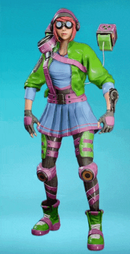 a girl in a green jacket and pink skirt is standing with her arms crossed