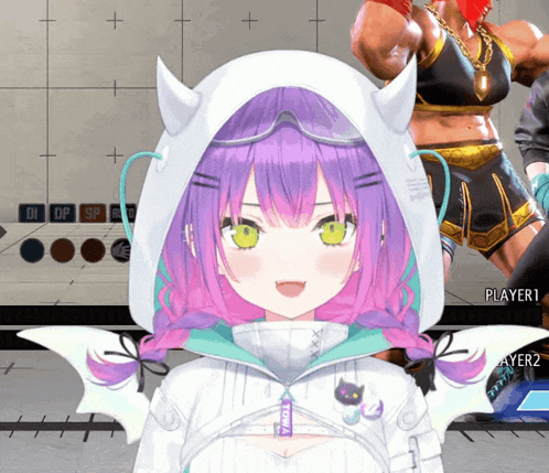 a girl with purple hair is wearing a white hoodie with horns and wings