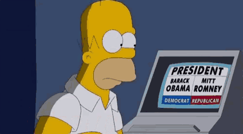 homer simpson is looking at a laptop screen which says president on it