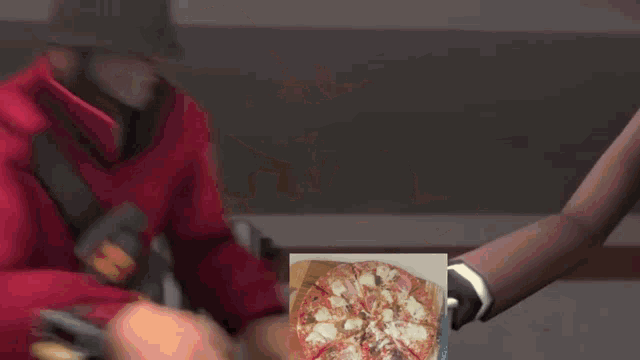 a soldier in a red jacket has a picture of a pizza on his chest