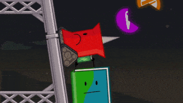 a green and blue book with arms and legs looks angry