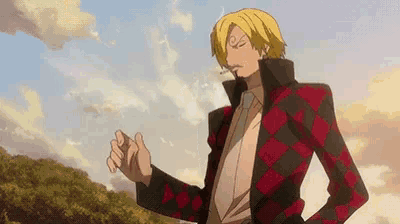 a man in a plaid jacket is smoking a cigarette in front of a cloudy sky .