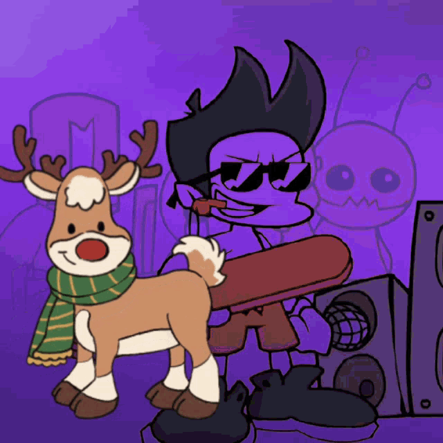 a cartoon of a man holding a skateboard next to a reindeer