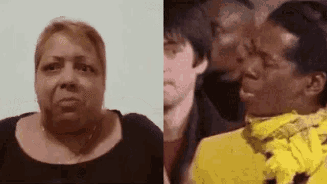 a woman is crying next to a man in a yellow shirt .
