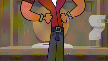 a cartoon character is standing in front of a toilet with his arms outstretched .