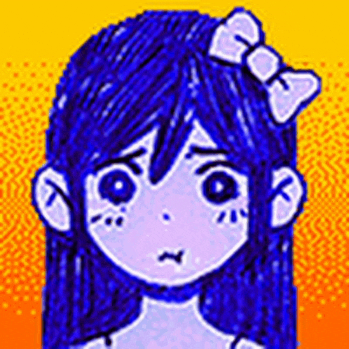 a pixel art drawing of a girl with blue hair and a bow on her head .