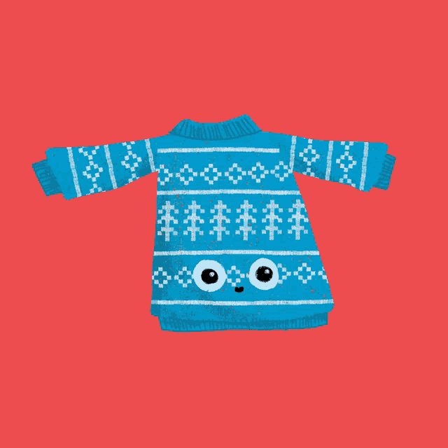 a blue sweater with a pattern of trees and diamonds on it