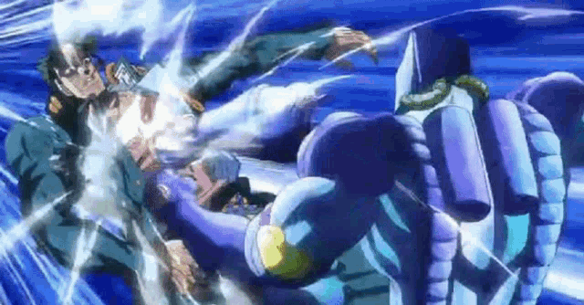 a man is being kicked in the face by a giant robot in a jojo 's bizarre adventure anime .