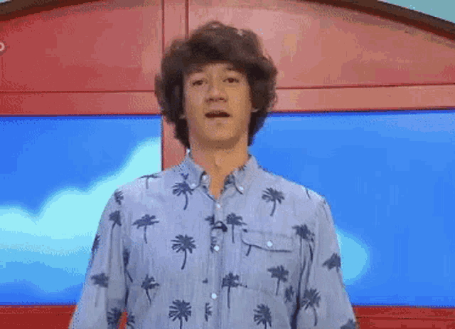 a young man wearing a blue shirt with palm trees on it stands in front of a red wall