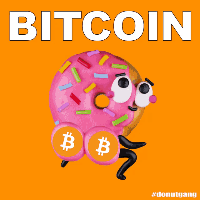 a pink donut with sprinkles and the word bitcoin written above it