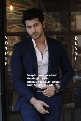a man in a suit is sitting in front of a window with the words noapte buna prietene goodnight friend written on it