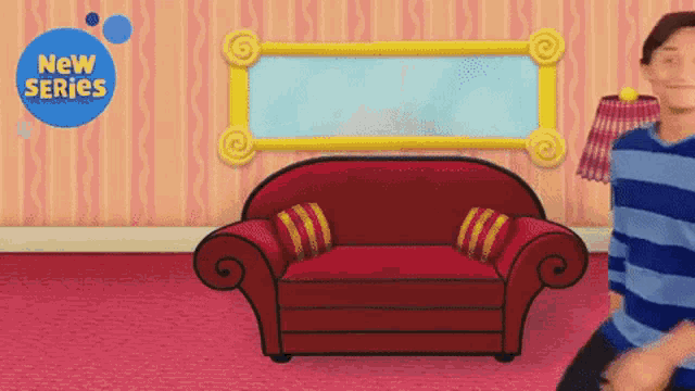 a boy in a blue and white striped shirt is dancing in a living room with a red couch and a new series logo