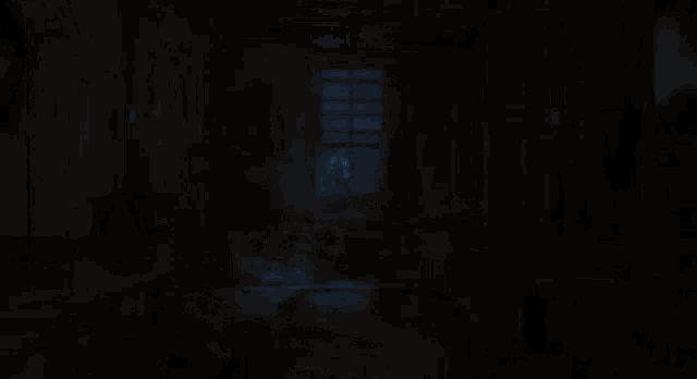 a person is standing in a dark room with a light coming out of the window .