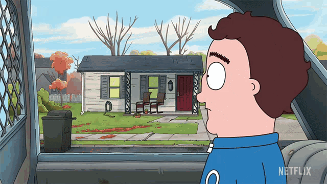 a cartoon of a man looking out a window with netflix written on the bottom right