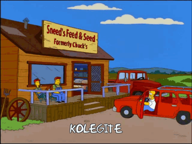 a cartoon of homer simpson driving past sneed 's feed & seed store
