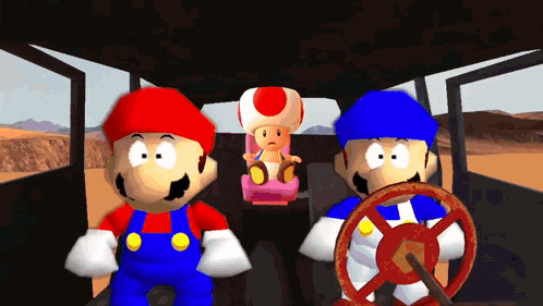 two cartoon characters are driving a car with a toad in the back seat