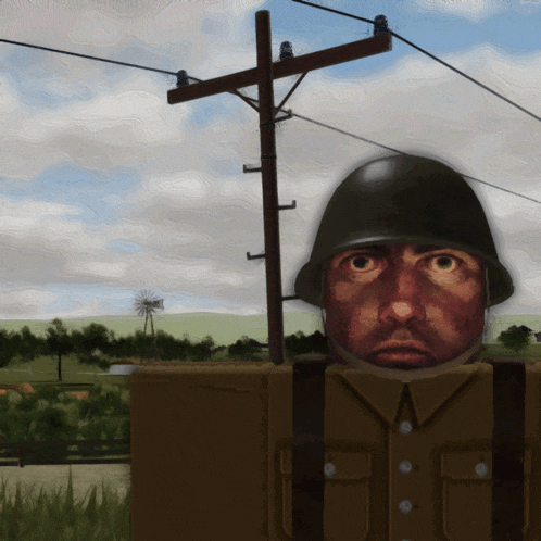 a painting of a soldier standing in front of a power line