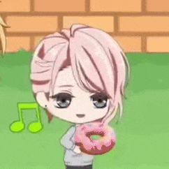 a girl with pink hair is holding a donut in her hand .