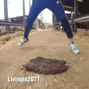 a person is jumping over a hole in the ground with the words livingin2077 on the bottom