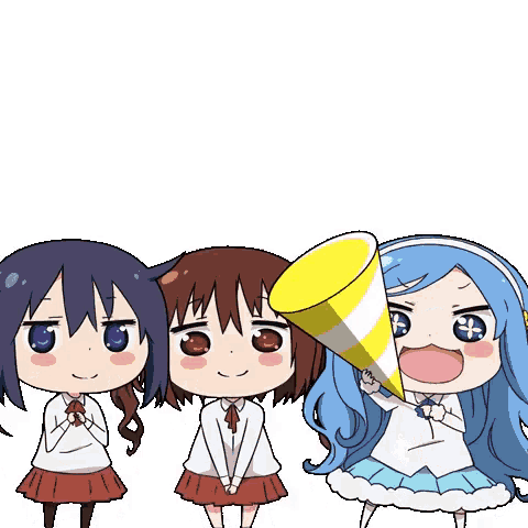 a group of anime girls are standing next to each other holding a cone with a bear face on it .