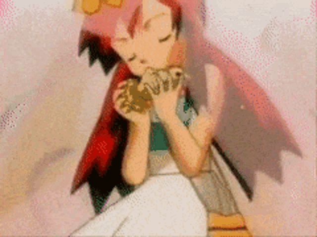 a girl with red hair is blowing a horn in a cartoon