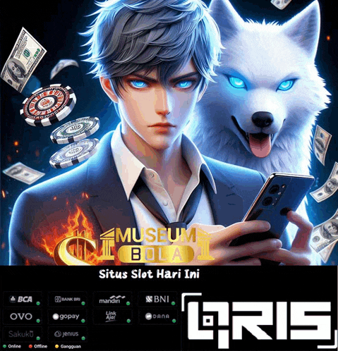 a man holding a cell phone in front of a wolf with blue eyes